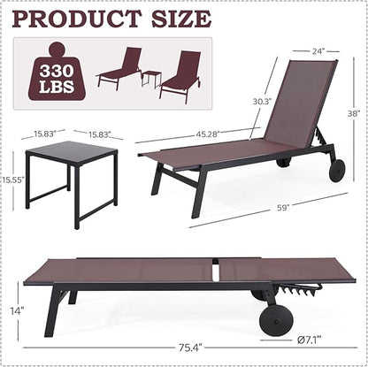 EROMMY Patio Chaise Lounge Chair Set of 2 with Table, Adjustable Backrest & Wheels, Waterproof Outdoor Poolside Recliners for Garden, Deck, Lawn, Backyard