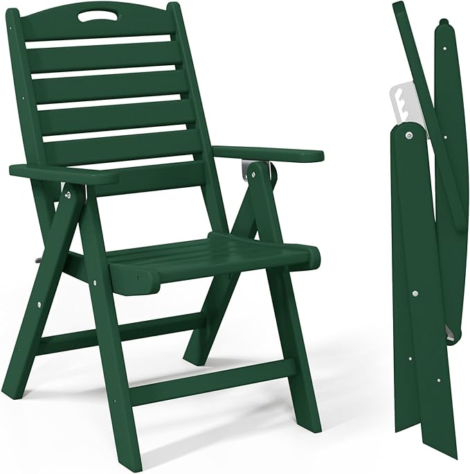 Costaelm Outdoor Adjustable Highback Folding Patio Dining Chair, HDPE Armrest Poly Lumber Restaurant Bistro Dining Chair for Outside Porch Backyard Garden, Dark Green