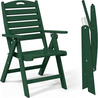 Costaelm Outdoor Adjustable Highback Folding Patio Dining Chair, HDPE Armrest Poly Lumber Restaurant Bistro Dining Chair for Outside Porch Backyard Garden, Dark Green