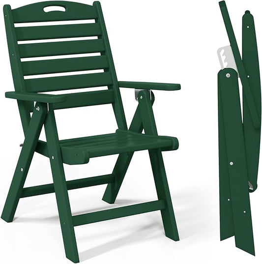 Costaelm Outdoor Adjustable Highback Folding Patio Dining Chair, HDPE Armrest Poly Lumber Restaurant Bistro Dining Chair for Outside Porch Backyard Garden, Dark Green