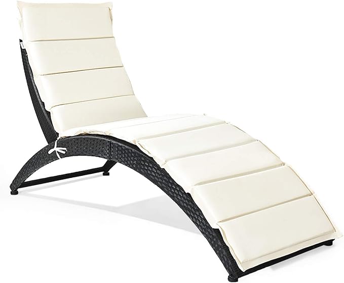 Tangkula Foldable Patio Lounge Chair, Outdoor Rattan Lounger Chaise, Portable Patio Chaise with Cushion, All-Weather Wicker Furniture for Garden Lawn Balcony Backyard Poolside (1, Beige)