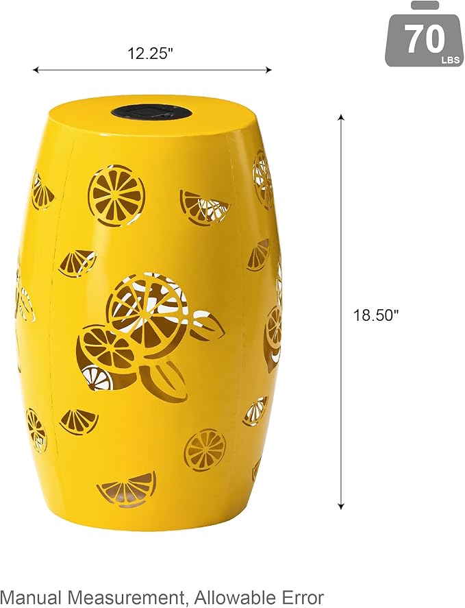 Glitzhome 18.25" H Outdoor Side Table with Lemon Pattern Solar Powered Light, Iron Cutout Drum Garden Stool Solar Decorative Lanterns, Metal End Table Plant Stand for Indoor Outdoor, Yellow