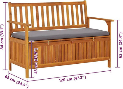 vidaXL Patio Storage Bench 47.2", Solid Acacia Wood, Dark Gray Cushion, Ample Storage Compartment, ic Style, Home and Garden Furniture