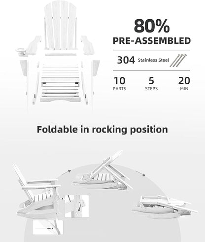 Folding Adirondack Rocking Chair,4-in-1 Multifunctional Patio Chair with Retractable Ottoman, Outdoor Chair Wood Texture, Lawn Chair for Porch, Backyard, Pool(White)