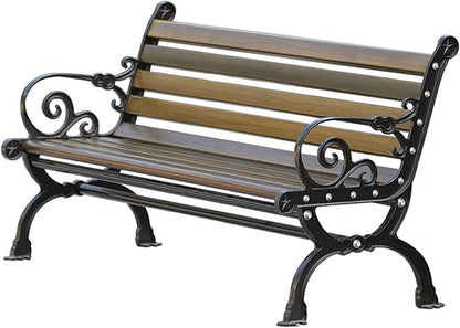 Outdoor Bench, 2-Seater Garden Bench, Metal Bench with Backrest and Armrests, Park Patio Bench with Slatted Wood Seat, for Gardens, Courtyards, Corridor Entrances, Patios(Black,150cm/59in)
