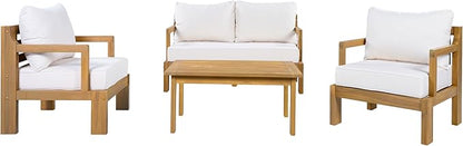 4 Piece Acacia Wood Patio Furniture Set with Coffee Table, Loveseat and 2 Chairs, Cushions Outdoor Conversation Set for Porch, Deck, Backyard