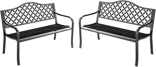 MFSTUDIO Outdoor Metal Bench Set of 2, 50" Black Outdoor Metal Garden Bench, Cast Iron Frame Patio Furniture with E-Coating, Perfect for Porch and Yard