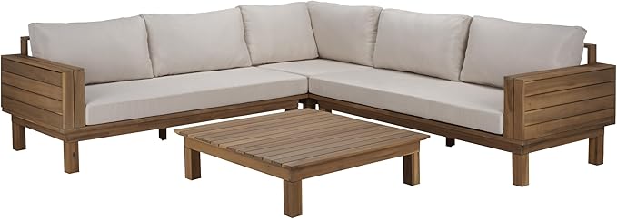 SAFAVIEH Outdoor Patio Furniture Collection - Napoli Oak Brown & Cream Solid Wood 4-Piece Sectional Sofa Set with Coffee Table, Durable Cushions, Modern Outdoor Seating (PAT6806B)
