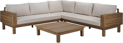 SAFAVIEH Outdoor Patio Furniture Collection - Napoli Oak Brown & Cream Solid Wood 4-Piece Sectional Sofa Set with Coffee Table, Durable Cushions, Modern Outdoor Seating (PAT6806B)