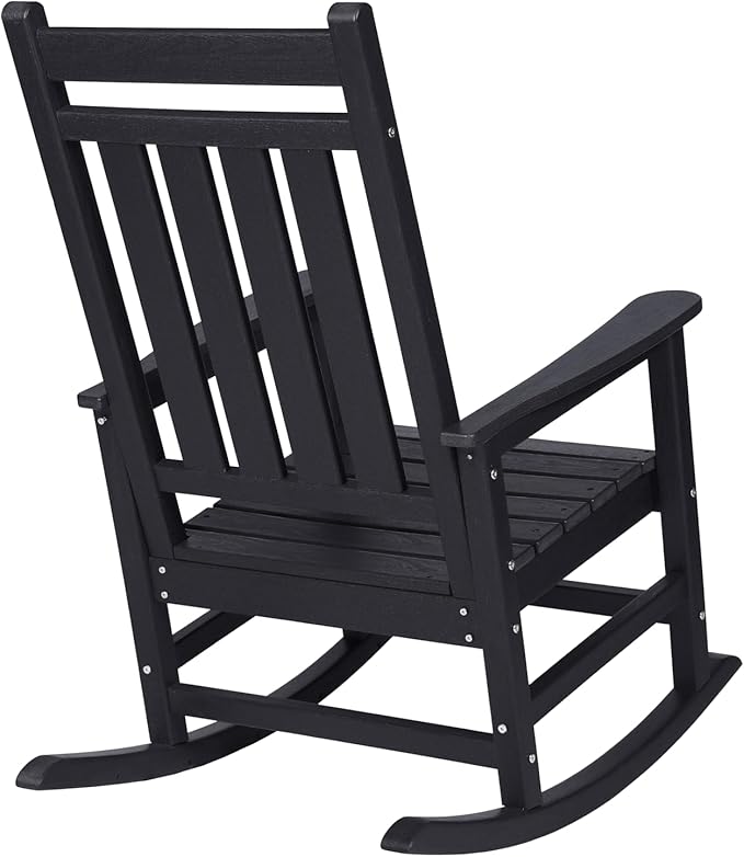Oversized Rocking Chair with Wood-Texture, Outdoor Rocking Chair for Adults, All Weather Resistant Porch Rocker for Lawn Garden (Black)