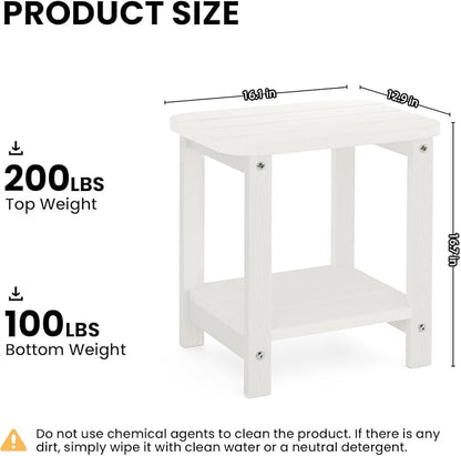 2-Tier Outdoor Side Table, 16" Adirondack Small Side Table All Weather Resistant, Patio End for Outside or Indoor, Patio, Yard, Pool, Porch, Garden, White