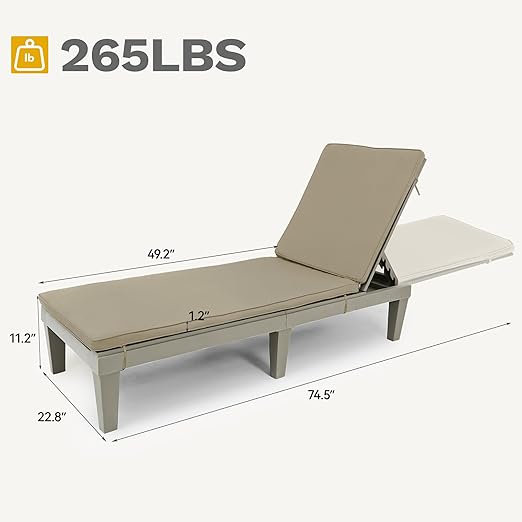 DWVO Outdoor Chaise Lounge with Cushion, Patio Chaise Lounge Chair Set of 2 w/ 5-Level Backrest, Lounge Chair for Garden, Pool, Beach and Patio, Easy Assembly & Lightweight (Taupe)