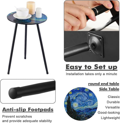 Outdoor Side Table Set of 2 Patio Side Tables for Outside Black End Tables Small Outdoor Table Round Patio End Table Metal Side Table Outside, Indoor, Bedroom, Living Room, Small Spaces, Starry Sky