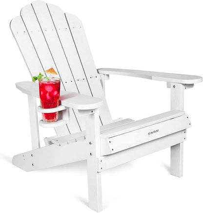 SNAN Adirondack Chair Weather Resistant with Cup Holder, Chair for Patio&Lawn & Garden,Poly Lumber,Fade-Resistant,All-Weather,Wood-Like Processing and Sturdy Outdoor Chair (White)