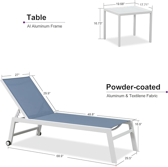 PURPLE LEAF Oversize Chaise Lounge Chair Outdoor 2 Pieces White Aluminum Lounge Chair with Wheels and Table for Pool Deck Patio, Indigo