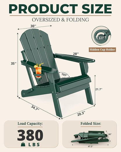 BRIOPAWS Folding-Adirondack-Chairs Set of 4 | HDPE | Fire Pit Chair | Cup Holder | Weather Resistance | Forest | for Outdoor Backyard Deck Patio