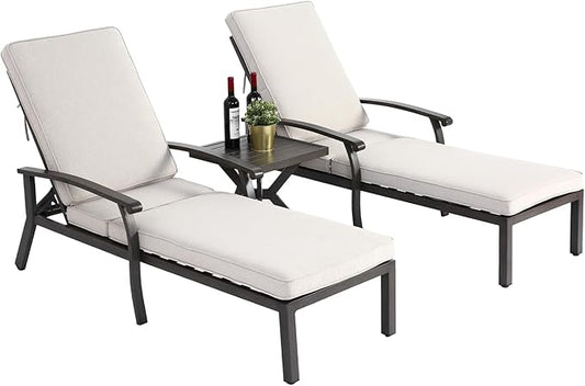 Chaise Lounge Chair Outdoor Cast Aluminum Reclining Lounger with Cushion, 5-Position Adjustable Backrest, Waterproof Padded Seat, Hidden Wheels, Elegant Poolside Garden Patio Seating (Beige)