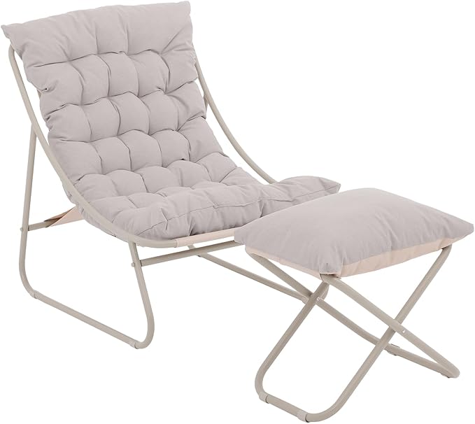 Patio Lounge Chair with Ottoman, Indoor Outdoor Comfy Sling Recliner Chair with Cushion, Modern Oversized Padded Lounge Chair Set with Footstool for Balcony Porch Garden, Champagne