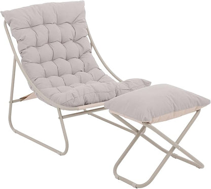 Patio Lounge Chair with Ottoman, Indoor Outdoor Comfy Sling Recliner Chair with Cushion, Modern Oversized Padded Lounge Chair Set with Footstool for Balcony Porch Garden, Champagne