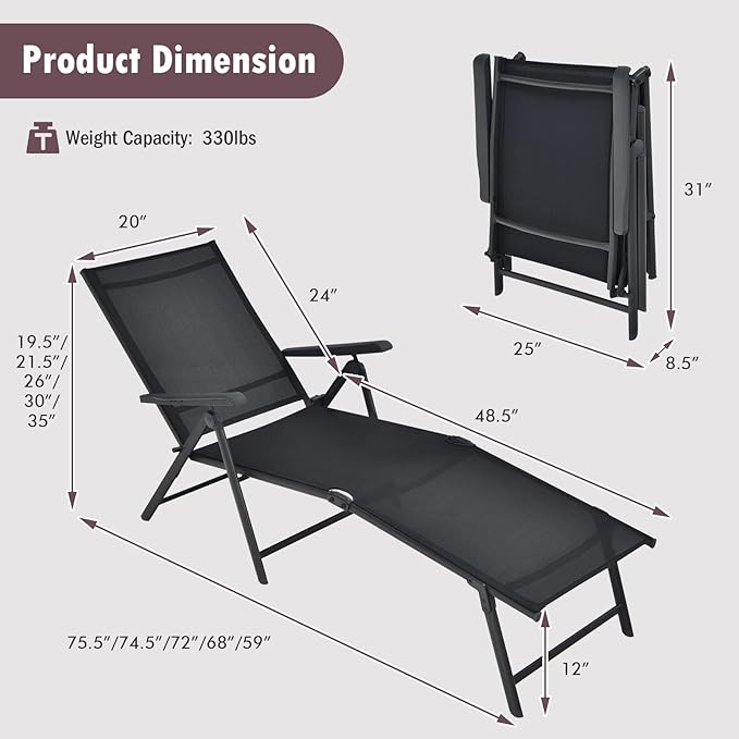 Tangkula Folding Lounge Chair Outdoor, Recliner Chaise Lounge with 5-Position Adjustable Backrest & 2-Position Footrest, No Assembly Required, Suitable for Patio Poolside Beach Yard (2, Black)