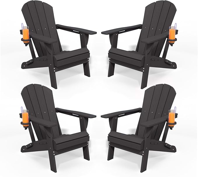 Folding Adirondack Chairs with Cup Holders, Set of 4 HDPE Plastic Outdoor Chairs, Weather Resistant, Real Wood Look - Photo 1