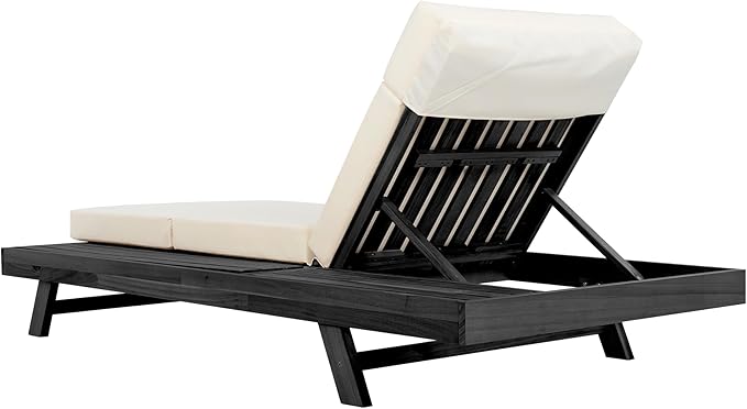 Christopher Knight Home Dami Patio Chaise Lounge Chair Outdoor with 4'' Foldable Cushion, Acacia Wood Poolside Sun Lounger, Space Available On One Side, Adjustable Backrest Pool Lounger, Black + Beige