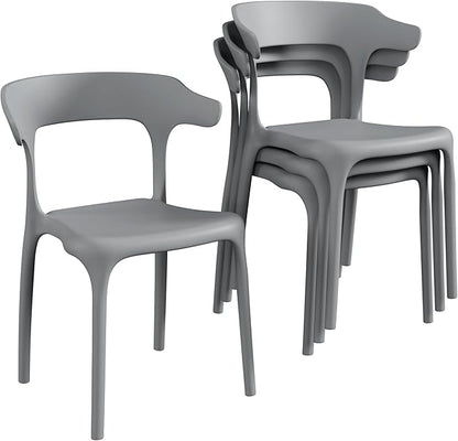 VECELO 4 Pack Plastic Stacking Chairs, Stackable Dining Chairs for Kitchen Restaurant Patio, Portable Indoor Outdoor Use, No Assembly Required, Gray