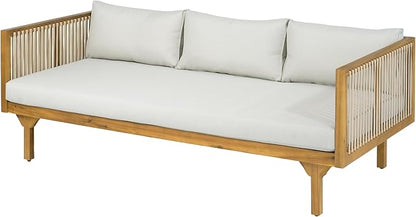 Merax Acacia Wood Outdoor Patio Loveseat Sofa w/Coushion and & Light Brown Rope, 3-Seater Sofa Daybed for Backyard, Lawn, Deck, Balcony, Water Repellent Fabric, 600 lbs Capacity,Teak +Light Gray