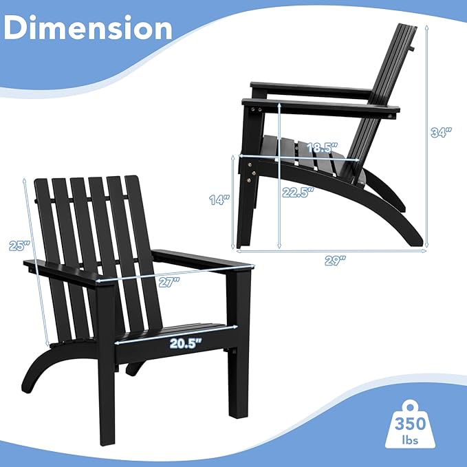 Giantex Adirondack Chair Acacia Wood Outdoor Chairs, 350 lbs Weight Capacity, Weather Resistant Campfire Chairs for Lawn Seating, Garden, Poolside, Balcony, Patio Adirondack Lounger, Black