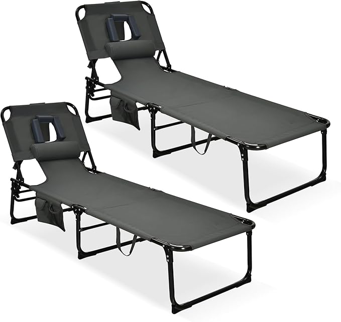 GYMAX Tanning Chair, Folding Lounger with Face/Arm Holes, Carry Handles & Side Pocket - Photo 1