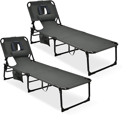 GYMAX Tanning Chair, Folding Lounger with Face/Arm Holes, Carry Handles & Side Pocket, Portable Lightweight Layout Beach Chair for Outdoor/Indoor, Face Down Sun Lounger (2, Grey)