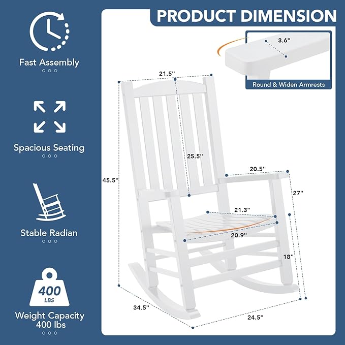 Wooden Outdoor Rocking Chair, Oversized Patio Rocking Chair w/400lbs Support & High Backrest | Porch, Lawn, Garden, Backyard，White