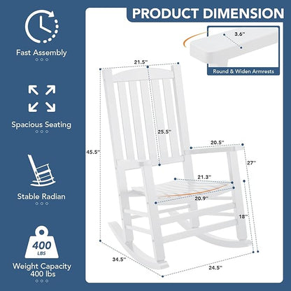 Wooden Outdoor Rocking Chair, Oversized Patio Rocking Chair w/400lbs Support & High Backrest | Porch, Lawn, Garden, Backyard，White