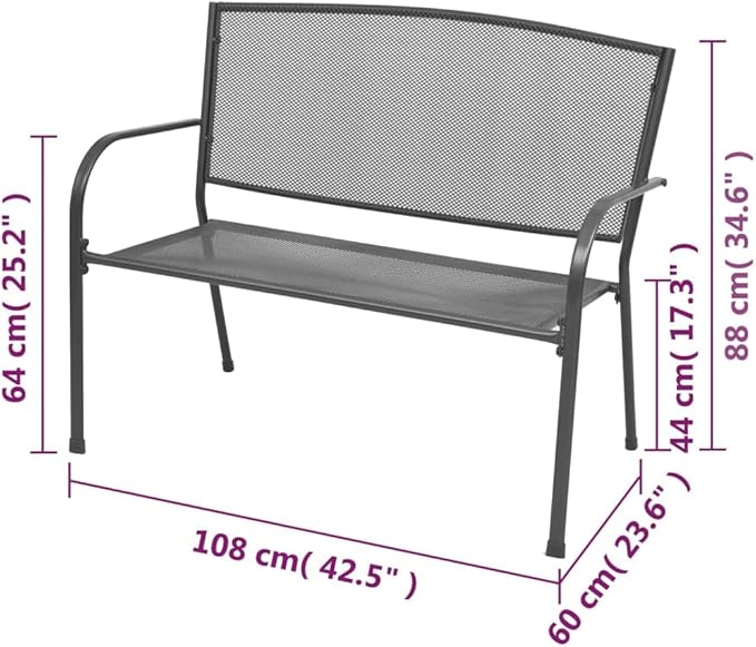 Garden Bench Anthracite E-Coated Powder-Coated Steel Medium Seat for Outdoor Patio Balcony with Modern Mesh Design and Stable Frame