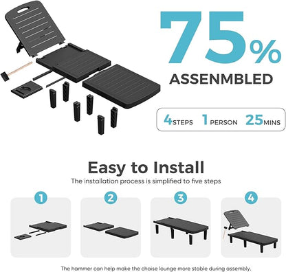 Outdoor Chaise Lounge, 5-Position Adjustable Sun Lounge w/Pull-Out Tray, Waterproof PP Lounge Chairs for Outside, Lounge Chairs for Poolside, Patio, Beach, Yard in All Weather,1 PC,Black