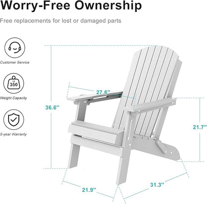 HDPE Foldable Adirondack Outdoor Chair Set of 4 with Cup Holder, Weather Resistant Heavy-Duty Patio Chair for Patio, Backyard, Deck, Fire Pit, Lawn and Porch, White