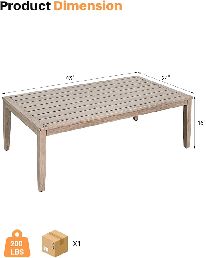 Never-Rust Aluminum Outdoor Coffee Table, All-Weather Patio Coffee Table with Faux Wood Grain Finish Frame, Rectangle - Photo 3