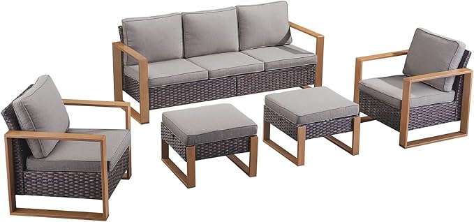 Rilyson Outdoor Wicker Patio Furniture Set - 5 Piece Patio Conversation Set with 2 Wicker Armrest Chairs,2 Rattan Ottoman and 1 Couch,Sturdy Frame,Thick Cushions,Deep Seating(Brown/Grey)