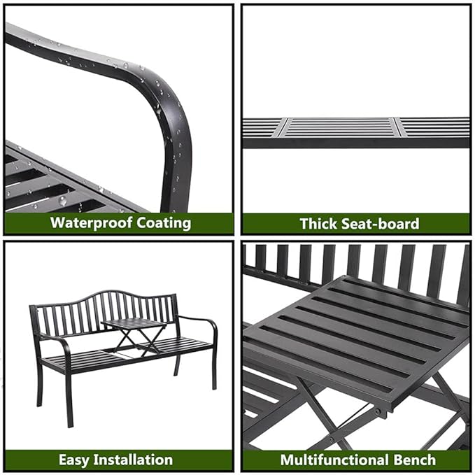 Metal Garden Bench with Pullout Middle Table Patio Seating Double Seat Steel Bench for Outdoor Patio Garden Backyard Weather-Resistant Frame-Black 2
