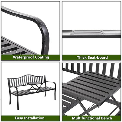 Metal Garden Bench with Pullout Middle Table Patio Seating Double Seat Steel Bench for Outdoor Patio Garden Backyard Weather-Resistant Frame-Black 2