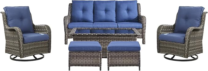 Rilyson Wicker Patio Furniture Set - 6 PC Rattan Outdoor Sectional Conversation Sets with 2 Swivel Rocking Chairs - Photo 1
