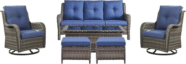 Rilyson Wicker Patio Furniture Set - 6 PC Rattan Outdoor Sectional Conversation Sets with 2 Swivel Rocking Chairs - Photo 1