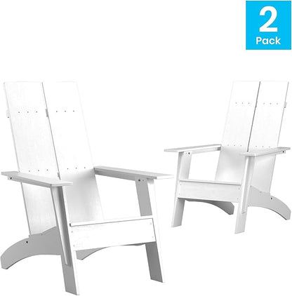 Flash Furniture Set of 2 Sawyer Modern 2-Slat Back Adirondack Chairs - White All-Weather Poly Resin Lounge Chairs