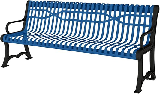 COATEDOUTDOORFURNITURE Heavy-Duty Outdoor Bench Thermoplastic Coated, Slatted Steel, Commercial-Grade Garden Bench, Made in America (Portable with Back, 4 Ft, Textured Light Blue)