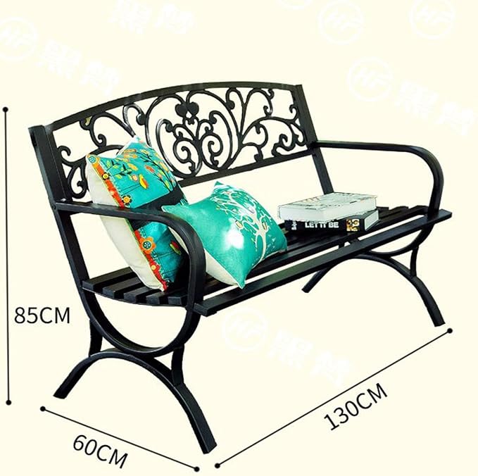 Outdoor Metal Garden Bench with Armrests - Slatted Patio Park Seating for Yard, Porch, Lawn, Balcony, Backyard - Durable Black & Red Finish