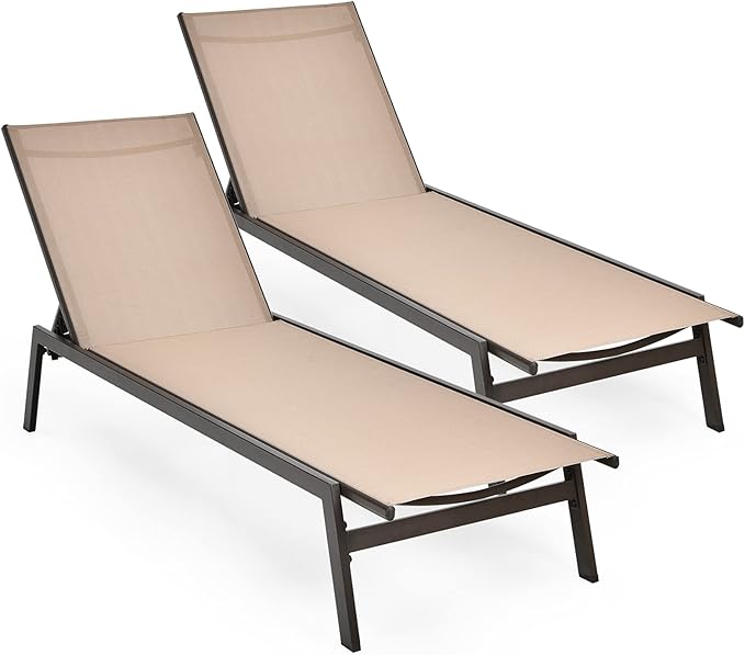 COSTWAY Patio Lounge Chair Outdoor, 6-Position Backrest Adjustable Pool Lounger, Metal Frame & Breathable Fabric - Photo 1