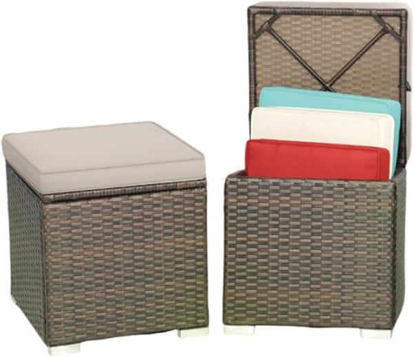 MEDIMALL Patio Wicker Ottoman Set of 2, Multipurpose Outdoor Footstool w/Removable Cushions, Rattan Side Table w/Storage - Photo 1