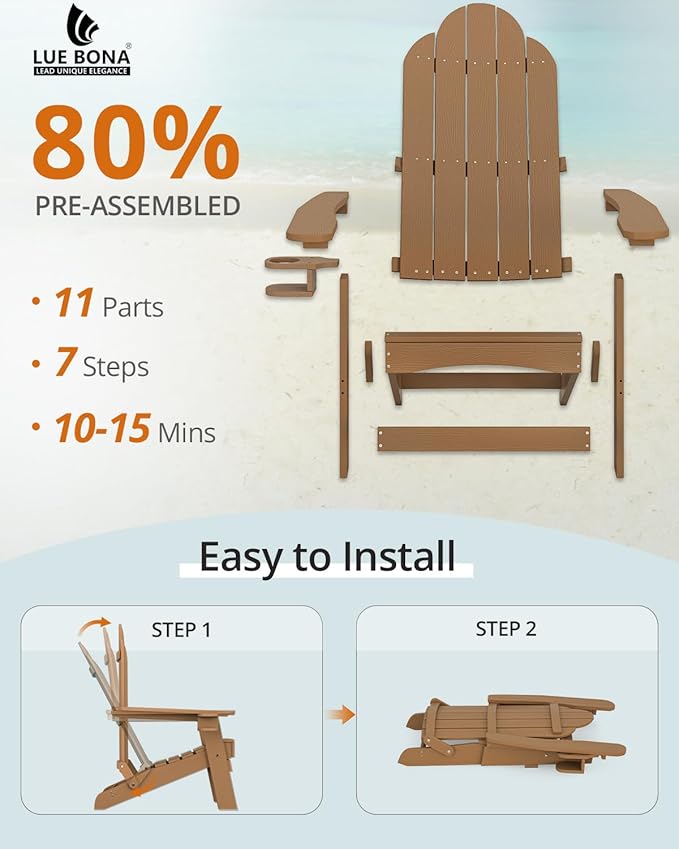 LUE BONA Folding Adirondack Chair, Chairs Set of 4, Cup Holder, Woodgrain, Fire Pit, Patio, Pool, Brown