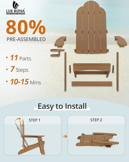 LUE BONA Folding Adirondack Chair, Chairs Set of 4, Cup Holder, Woodgrain, Fire Pit, Patio, Pool, Brown