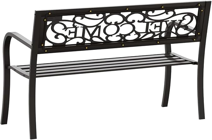 Garden Bench, Outdoor Rectangular Steel Bench with Plastic Seat 49.2 Inch Long Powder-Coated Black Metal for Garden Patio Balcony